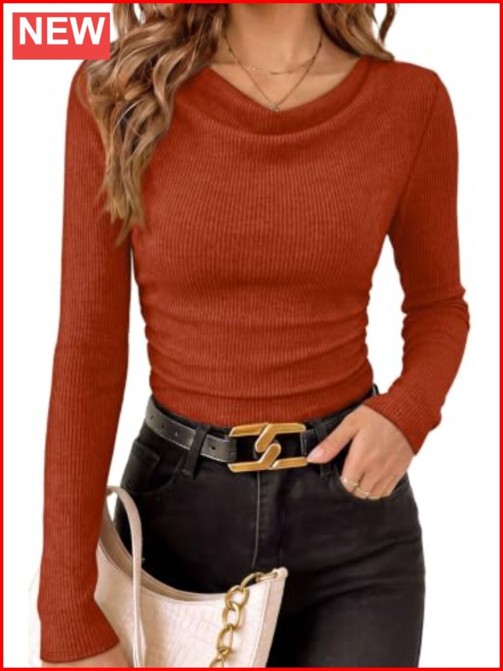 Womens Cowl Neck Ruched Waist Long Sleeve Top Slim Fit Pullover Blouse